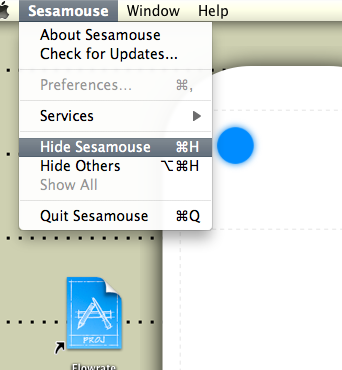 Screenshot of Sesamouse menu's Hide (Cmd-H) item