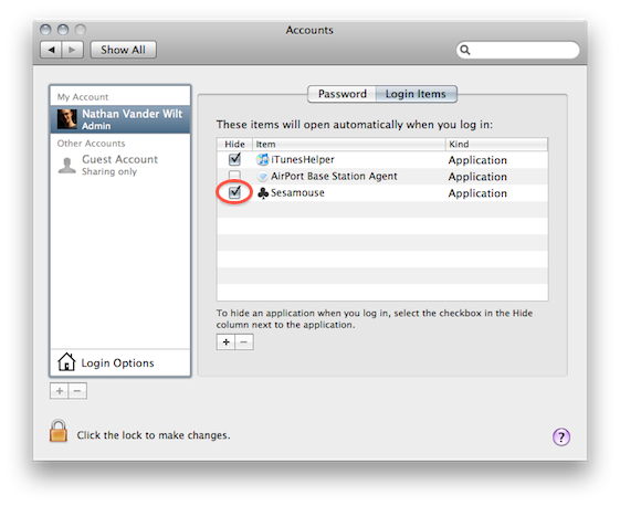 The Login Items tab of Nate's user account, showing Sesamouse checked to hide at login