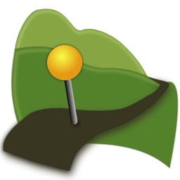 Geotagalog icon, a pin in a trail beneath rolling hills.