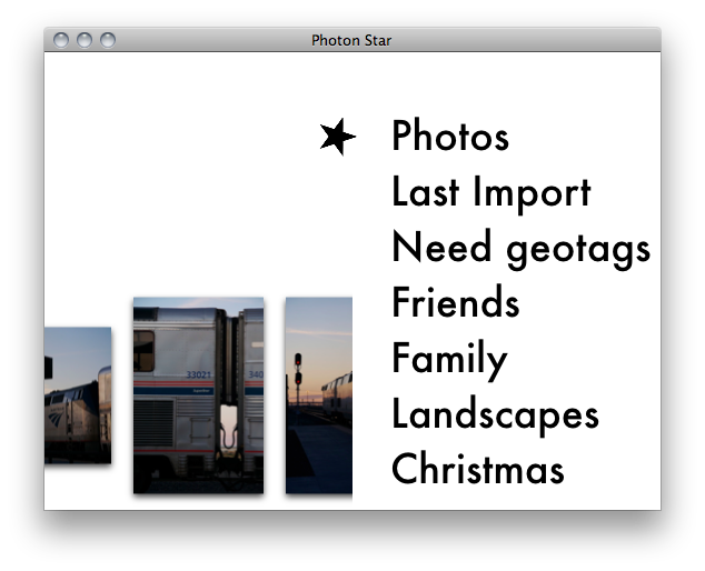 Screenshot of album list in Photon Star with thumbnails showing for selected main Photos album
